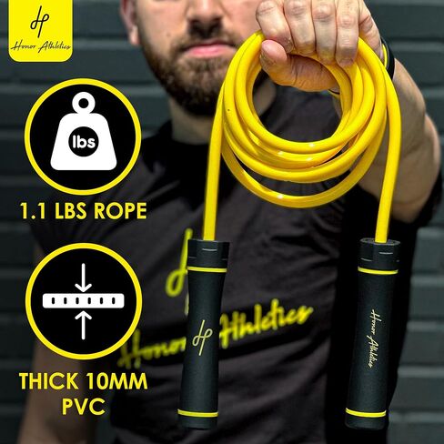 Honor Athletics - حبل القفز الثقيل بوزن 1.1 رطل للتدريب عالي الكثافة والقوة - حبل PVC قابل للتعديل بطول 10 أقدام مع قبضة مريحة، حامل كروي، مثالي للملاكمة، كروس فيت، الملاكمة التايلاندية، الفنون القتالية المختلطة، واللياقة البدنية - مصمم للبالغين والأطفال in Kuwait