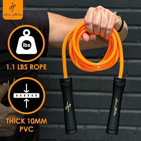 Honor Athletics - حبل القفز الثقيل بوزن 1.1 رطل للتدريب عالي الكثافة والقوة - حبل PVC قابل للتعديل بطول 10 أقدام مع قبضة مريحة، حامل كروي، مثالي للملاكمة، كروس فيت، الملاكمة التايلاندية، الفنون القتالية المختلطة، واللياقة البدنية - مصمم للبالغين والأطفال in Kuwait