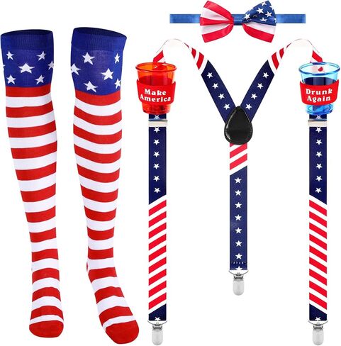 4 Pieces Patriotic Accessories Set, Include Red White and Blue Patriotic Y Back Suspender with Cups, American Flag Bowtie and Knee Socks for Halloween July 4th Party Celebration Party in Saudi Arabia