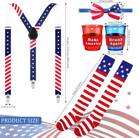 4 Pieces Patriotic Accessories Set, Include Red White and Blue Patriotic Y Back Suspender with Cups, American Flag Bowtie and Knee Socks for Halloween July 4th Party Celebration Party in Saudi Arabia