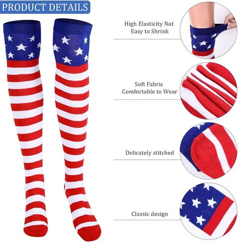 4 Pieces Patriotic Accessories Set, Include Red White and Blue Patriotic Y Back Suspender with Cups, American Flag Bowtie and Knee Socks for Halloween July 4th Party Celebration Party in Saudi Arabia