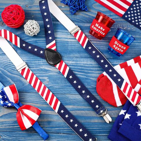 4 Pieces Patriotic Accessories Set, Include Red White and Blue Patriotic Y Back Suspender with Cups, American Flag Bowtie and Knee Socks for Halloween July 4th Party Celebration Party in Saudi Arabia