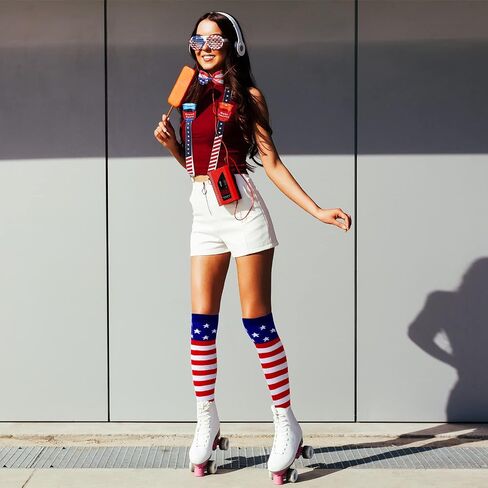4 Pieces Patriotic Accessories Set, Include Red White and Blue Patriotic Y Back Suspender with Cups, American Flag Bowtie and Knee Socks for Halloween July 4th Party Celebration Party in Saudi Arabia