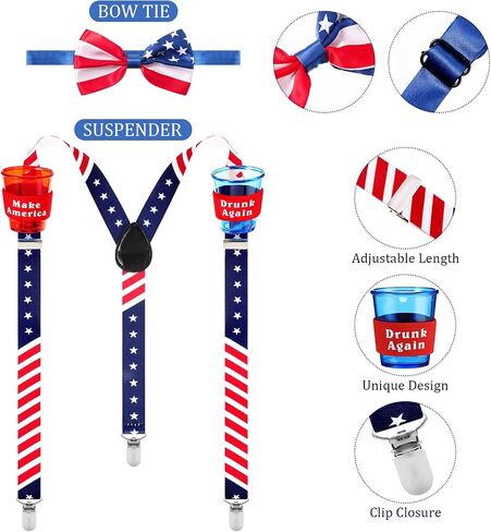 4 Pieces Patriotic Accessories Set, Include Red White and Blue Patriotic Y Back Suspender with Cups, American Flag Bowtie and Knee Socks for Halloween July 4th Party Celebration Party in Saudi Arabia