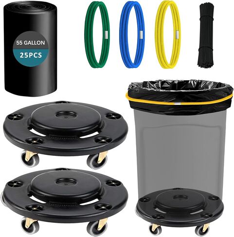 علب قمامة تجارية ذات 5 عجلات متوافقة مع سلة المهملات الغاشمة سعة 55 جالونًا وأكياس قمامة سعة 1.5 مل و25 كيسًا مع ربطات عنق وأشرطة مطاطية | الثقيلة | سعة 500 رطل (عبوة من قطعتين) in Kuwait
