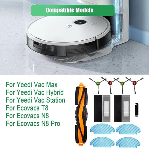 مجموعة ملحقات لمحطة Yeedi Vac 2 pro/Vac Max/Vac Hybrid/Vac، للمكنسة الكهربائية Ecovacs T8 /N8 /N8 Pro، مجموعة قطع غيار بديلة عالية الجودة، فرشاة رئيسية + مرشحات + ممسحة + فرش جانبية in Kuwait