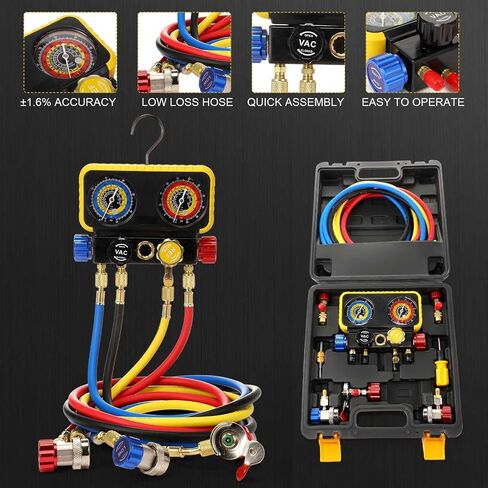 مجموعة قياس متعددة HVAC لمبرد R22 R32 410A 134A مع طقم خرطوم 4 صمام كروي مدمج بزاوية مبرد و3 محول R410A أنثى إلى ذكر مضيئة لنظام تقسيم مكيف الهواء in Saudi Arabia