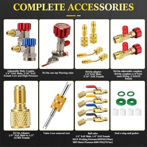 مجموعة قياس متعددة HVAC لمبرد R22 R32 410A 134A مع طقم خرطوم 4 صمام كروي مدمج بزاوية مبرد و3 محول R410A أنثى إلى ذكر مضيئة لنظام تقسيم مكيف الهواء in Saudi Arabia
