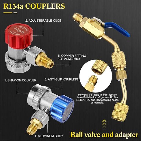 مجموعة قياس متعددة HVAC لمبرد R22 R32 410A 134A مع طقم خرطوم 4 صمام كروي مدمج بزاوية مبرد و3 محول R410A أنثى إلى ذكر مضيئة لنظام تقسيم مكيف الهواء in Saudi Arabia