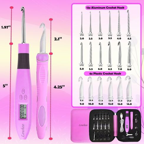 خطاف كروشيه مضيء مقاس 18 من Lewhoo، خطافات كروشيه لإضاءة LED وعداد الغرز الرقمي، إبرة كروشيه مع حقيبة in Kuwait