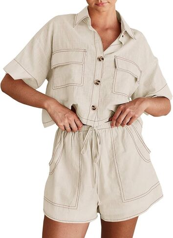 Imily Bela Women's 2 Piece Outfits Sets Summer Button Down Shirts and Shorts Pajama Sets Casual Loungewear with Pockets in Saudi Arabia