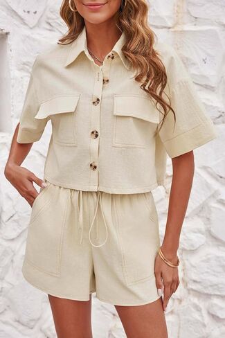 Imily Bela Women's 2 Piece Outfits Sets Summer Button Down Shirts and Shorts Pajama Sets Casual Loungewear with Pockets in Saudi Arabia
