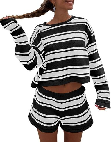 Langwyqu Womens Striped Pajama Sets Long Sleeve Crewneck Sweater Top and Shorts 2 Piece Outfits Lounge Sets in Saudi Arabia