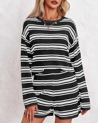 Langwyqu Womens Striped Pajama Sets Long Sleeve Crewneck Sweater Top and Shorts 2 Piece Outfits Lounge Sets in Saudi Arabia