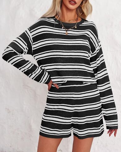 Langwyqu Womens Striped Pajama Sets Long Sleeve Crewneck Sweater Top and Shorts 2 Piece Outfits Lounge Sets in Saudi Arabia