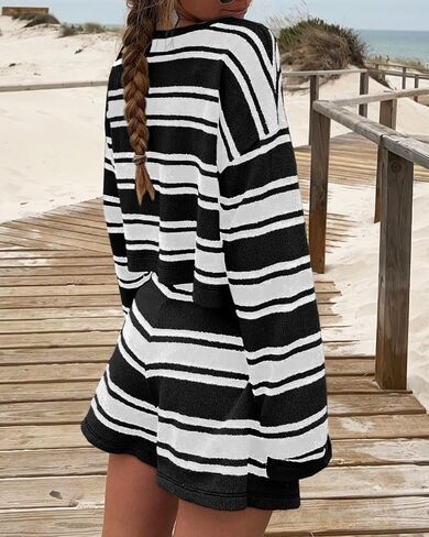 Langwyqu Womens Striped Pajama Sets Long Sleeve Crewneck Sweater Top and Shorts 2 Piece Outfits Lounge Sets in Saudi Arabia
