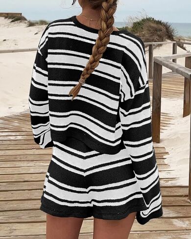 Langwyqu Womens Striped Pajama Sets Long Sleeve Crewneck Sweater Top and Shorts 2 Piece Outfits Lounge Sets in Saudi Arabia