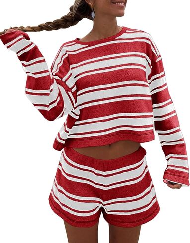 Langwyqu Womens Striped Pajama Sets Long Sleeve Crewneck Sweater Top and Shorts 2 Piece Outfits Lounge Sets in Saudi Arabia