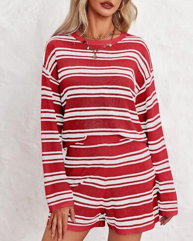 Langwyqu Womens Striped Pajama Sets Long Sleeve Crewneck Sweater Top and Shorts 2 Piece Outfits Lounge Sets in Saudi Arabia