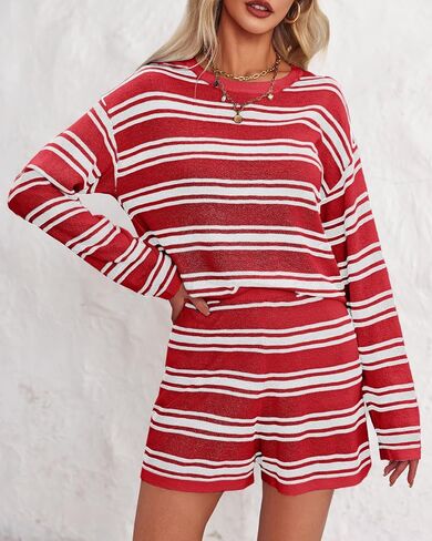 Langwyqu Womens Striped Pajama Sets Long Sleeve Crewneck Sweater Top and Shorts 2 Piece Outfits Lounge Sets in Saudi Arabia