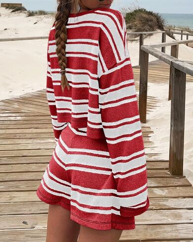 Langwyqu Womens Striped Pajama Sets Long Sleeve Crewneck Sweater Top and Shorts 2 Piece Outfits Lounge Sets in Saudi Arabia
