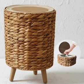 Yatmung 2.3 Gallon Wicker Trash Can - Boho Bathroom Trash Can with Lid - Natural Water Hyacinth Waste Basket for Bedroom, Living Room, Office - Removable Liner - Rattan Garbage Can with Wooden Leg in Kuwait