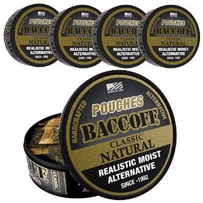 5 Cans, BaccOff Classic Natural Pouches, Black Tea Base with Smoky, Classic Flavors, 16 Pouches Per Can in Kuwait