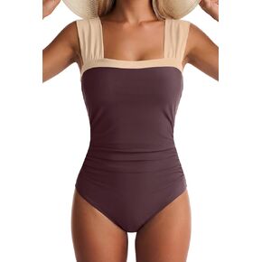 بدلة سباحة من قطعة واحدة للسيدات، ملابس سباحة للتحكم في البطن، تغطية كاملة، أشرطة واسعة، ملابس سباحة ملونة in Kuwait