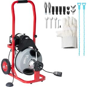Albott 100 FT x 1/2 inch Electric Drain Cleaner Machine with Auto-Feed & 10 Cutters, Sewer Snake Auger for 1–4 Inch Pipes, Foot Switch & Wheels, Ideal for Home & Commercial Use, Gray/Red in Kuwait