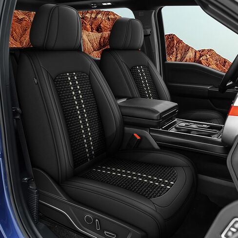 أغطية مقاعد مناسبة لسيارة Ford F150 2009-2025 وF250/F350/F450 2017-2025 أغطية مقاعد شاحنة جلدية مقاومة للماء (أسود ورمادي، مقعدان أماميان) in Kuwait
