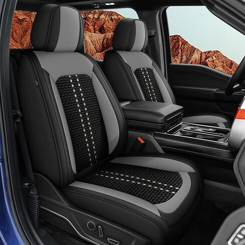 أغطية مقاعد مناسبة لسيارة Ford F150 2009-2025 وF250/F350/F450 2017-2025 أغطية مقاعد شاحنة جلدية مقاومة للماء (أسود ورمادي، مقعدان أماميان) in Kuwait