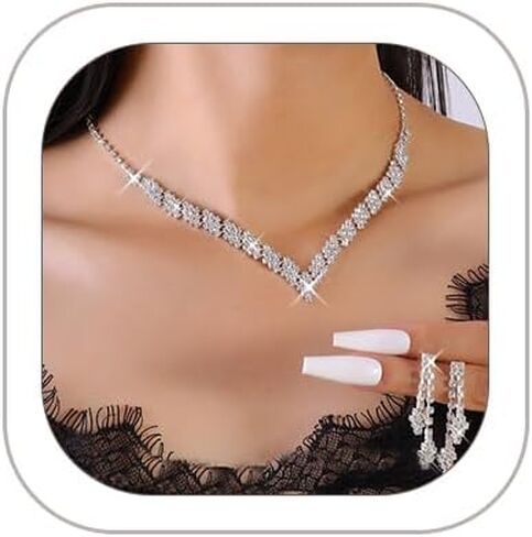 HUJUON Shiny Rhinestone Long Tassel Dangle Earrings Necklace Set Cubic Zirconia Drop Earrings Clavicle Necklace Wedding Bride Jewelry for Women Girls in Kuwait