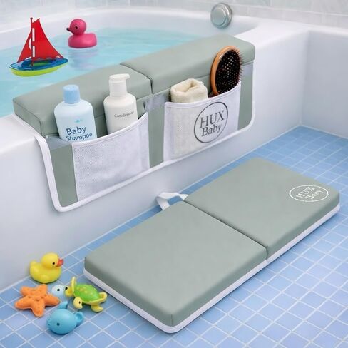 Comfortable Baby Bath Kneeler and Elbow Rest Pad Set, Non-Slip Bathtub Kneeling Pad for Bathing Baby, Bath Tub Cushion Mat, Elbow Pads, Toy Organizer Storage Pockets, Strong Suction Cups, Green/Gray in Saudi Arabia