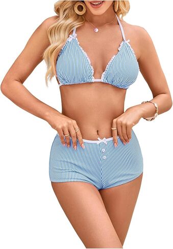 SweatyRocks Women's 2 Piece Striped Bikini Set Halter Triangle Bikini Top with Boyshort Swimsuits in Saudi Arabia