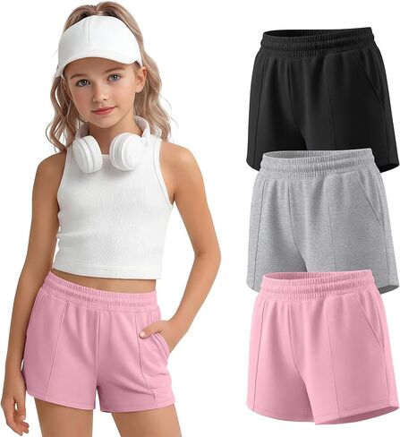 3 Pack Girls Shorts Summer Athletic Shorts Kids Casual Elastic Waist SweatShorts with Pockets Cute Clothes for Teen in Kuwait