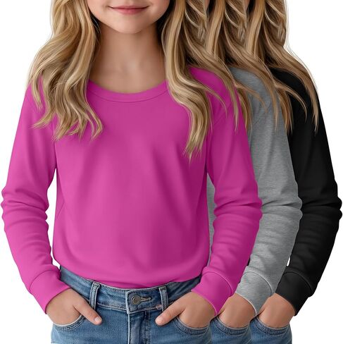 3 Pack Girls' Long Sleeve Shirts Round Neck Kids Knit Tops Loose Toddler Pullover Basic Tee Tween Layer Fall Winter in Kuwait