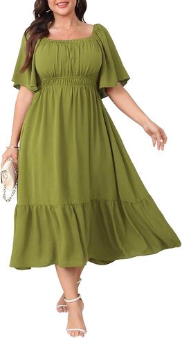 Plus Size Formal Wedding Guest Dress for Curvy Women Square Neck Flutter Sleeve Empire Waist Flowy Maxi Dresses in Saudi Arabia