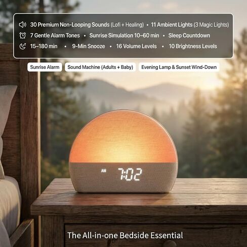 White Noise Sound Machine Sunrise Alarm Clock – 30 Non-Looping Soothing Sleep Sounds with LoFi and Healing Music| 10-Color Ambient Light & Sunlamp | No App Screen Free Sleep for Baby Adults Kids in Saudi Arabia