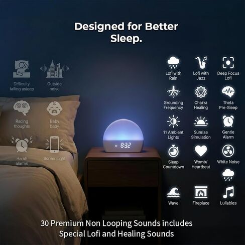 White Noise Sound Machine Sunrise Alarm Clock – 30 Non-Looping Soothing Sleep Sounds with LoFi and Healing Music| 10-Color Ambient Light & Sunlamp | No App Screen Free Sleep for Baby Adults Kids in Saudi Arabia