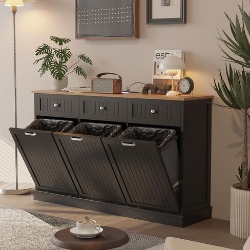 JassmiPkwy Triple Tilt Out Trash Can Cabinet 30 Gallon, 3 in 1 Garbage Can Recycling Cabinet, 59 INCH Trash Recycling Compost with 3 Drawer, Wooden, Dog Proof, Black in Saudi Arabia
