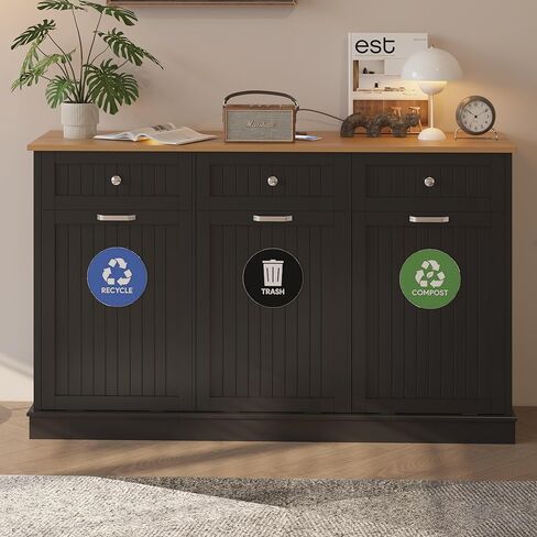 JassmiPkwy Triple Tilt Out Trash Can Cabinet 30 Gallon, 3 in 1 Garbage Can Recycling Cabinet, 59 INCH Trash Recycling Compost with 3 Drawer, Wooden, Dog Proof, Black in Saudi Arabia
