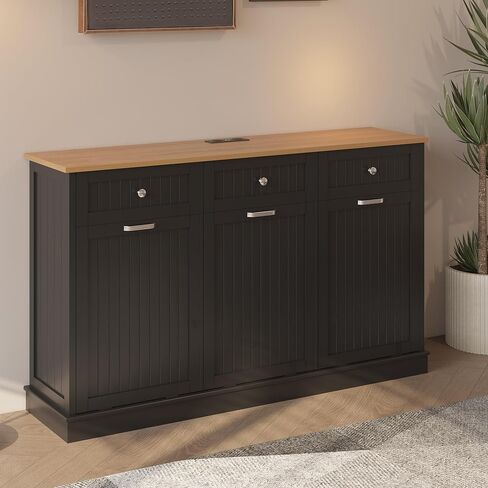 JassmiPkwy Triple Tilt Out Trash Can Cabinet 30 Gallon, 3 in 1 Garbage Can Recycling Cabinet, 59 INCH Trash Recycling Compost with 3 Drawer, Wooden, Dog Proof, Black in Saudi Arabia