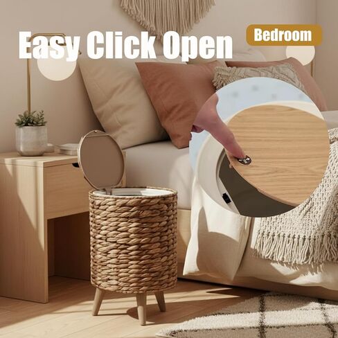 سلة مهملات الخوص سعة 2.3 جالون من Yatmung - سلة مهملات الحمام بوهو مع غطاء - سلة نفايات صفير الماء الطبيعي لغرفة النوم وغرفة المعيشة والمكتب - بطانة قابلة للإزالة - سلة قمامة الروطان بساق خشبية in Kuwait