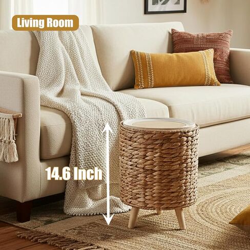 سلة مهملات الخوص سعة 2.3 جالون من Yatmung - سلة مهملات الحمام بوهو مع غطاء - سلة نفايات صفير الماء الطبيعي لغرفة النوم وغرفة المعيشة والمكتب - بطانة قابلة للإزالة - سلة قمامة الروطان بساق خشبية in Kuwait