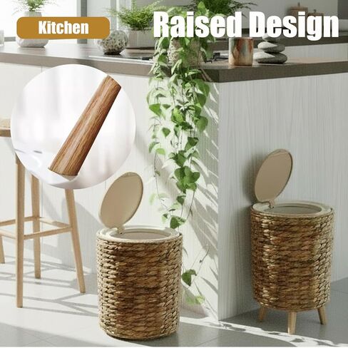 سلة مهملات الخوص سعة 2.3 جالون من Yatmung - سلة مهملات الحمام بوهو مع غطاء - سلة نفايات صفير الماء الطبيعي لغرفة النوم وغرفة المعيشة والمكتب - بطانة قابلة للإزالة - سلة قمامة الروطان بساق خشبية in Kuwait