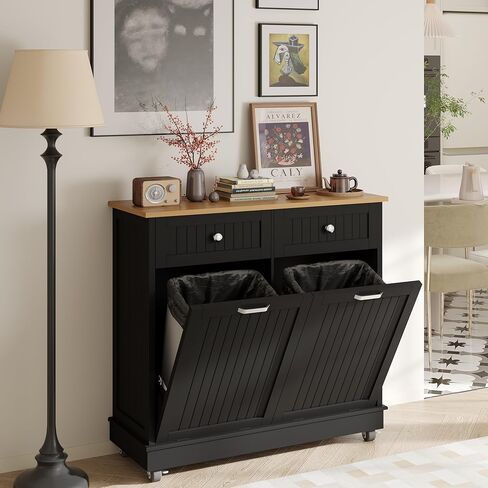 JassmiPkwy Triple Tilt Out Trash Can Cabinet 30 Gallon, 3 in 1 Garbage Can Recycling Cabinet, 59 INCH Trash Recycling Compost with 3 Drawer, Wooden, Dog Proof, Black in Saudi Arabia