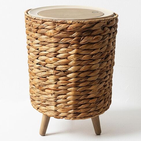 سلة مهملات الخوص سعة 2.3 جالون من Yatmung - سلة مهملات الحمام بوهو مع غطاء - سلة نفايات صفير الماء الطبيعي لغرفة النوم وغرفة المعيشة والمكتب - بطانة قابلة للإزالة - سلة قمامة الروطان بساق خشبية in Kuwait