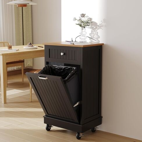 JassmiPkwy Triple Tilt Out Trash Can Cabinet 30 Gallon, 3 in 1 Garbage Can Recycling Cabinet, 59 INCH Trash Recycling Compost with 3 Drawer, Wooden, Dog Proof, Black in Saudi Arabia