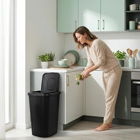 13.3-Gallon Kitchen Trash Can, A Black Plastic Push-Button Trash Can with a Spring-Type Lid. It is Lightweight, Sturdy and Durable, and is Suitable for 13.3-Gallon Garbage Bags. in Saudi Arabia
