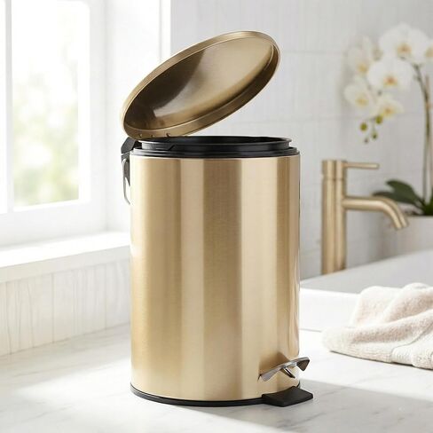 سلة مهملات ذهبية مصقولة أنيقة مع غطاء إغلاق ناعم - 3 لتر (0.8 جالون) - سلة مهملات معدنية مدمجة للحمام أو المكتب أو غرفة النوم - سلة مهملات أنيقة بدواسة مع دلو داخلي قابل للإزالة in Kuwait
